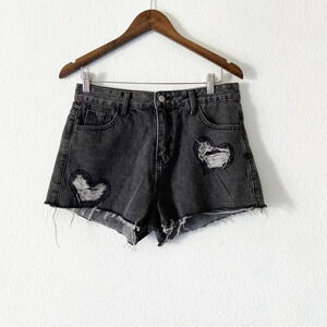 Black Raw Hem Denim Shorts High Waist Cut Off Distressed Heart Size Large